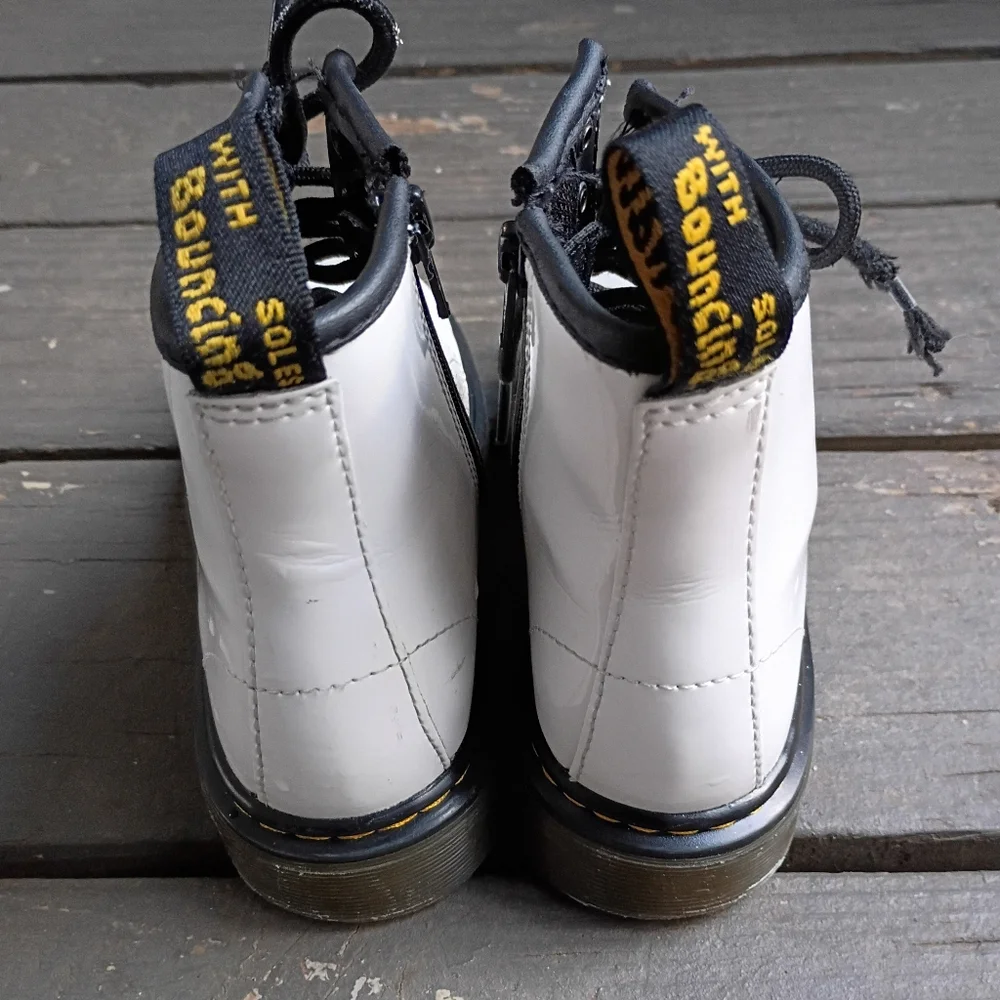 Dr. Martens White Lace-Up Zip Combat Boots Patent Leather Yellow Stitch Girls 1